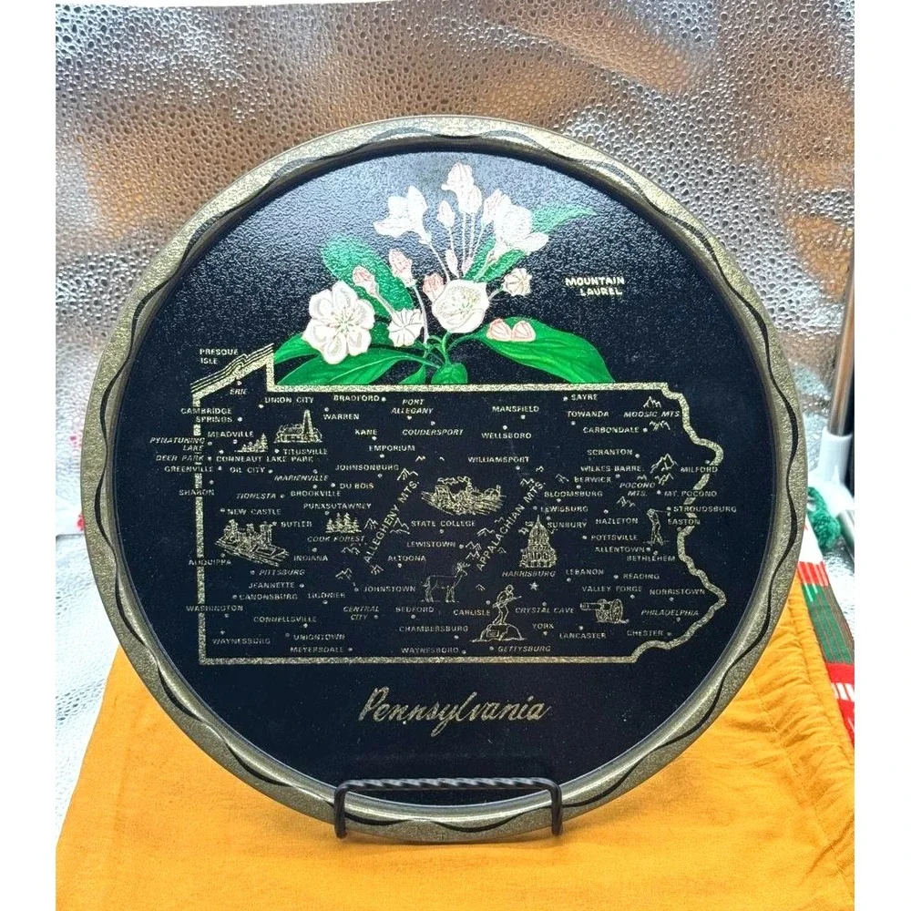 Pennsylvania State VTG Souvenir Tray Serving Tray Map Mountain Laurel Historical